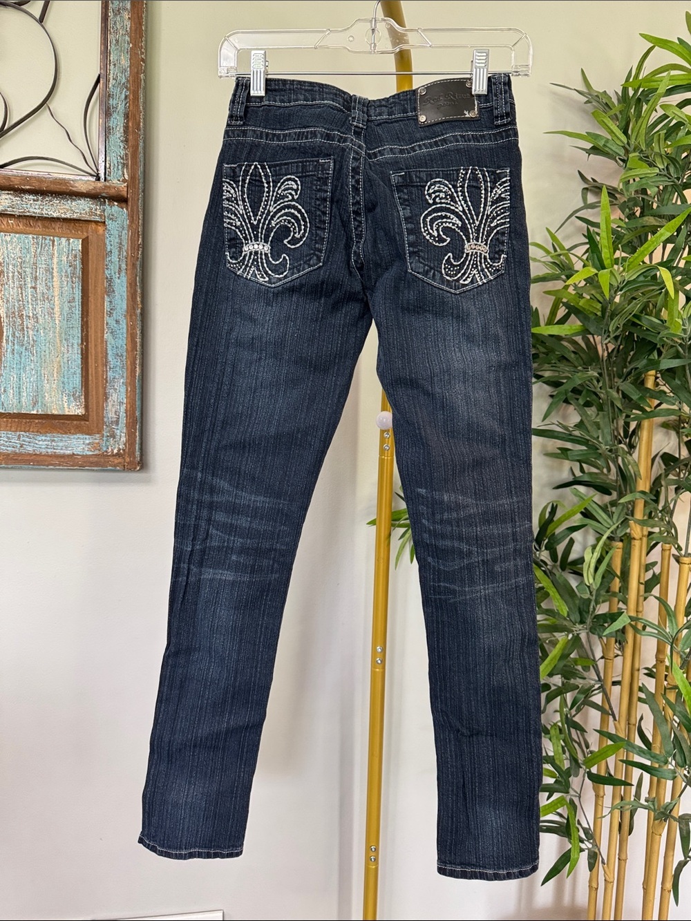 Red Rivet Dark Wash Jeans with Embellished Fleur-de-Lis Back Pockets